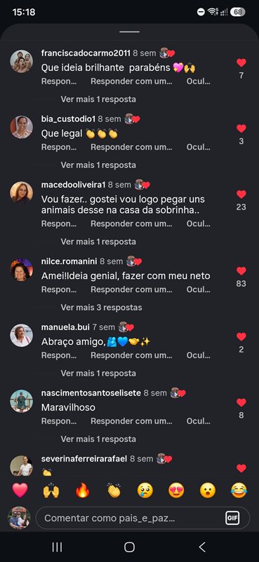 Comentário real do Instagram @pais_e_paz